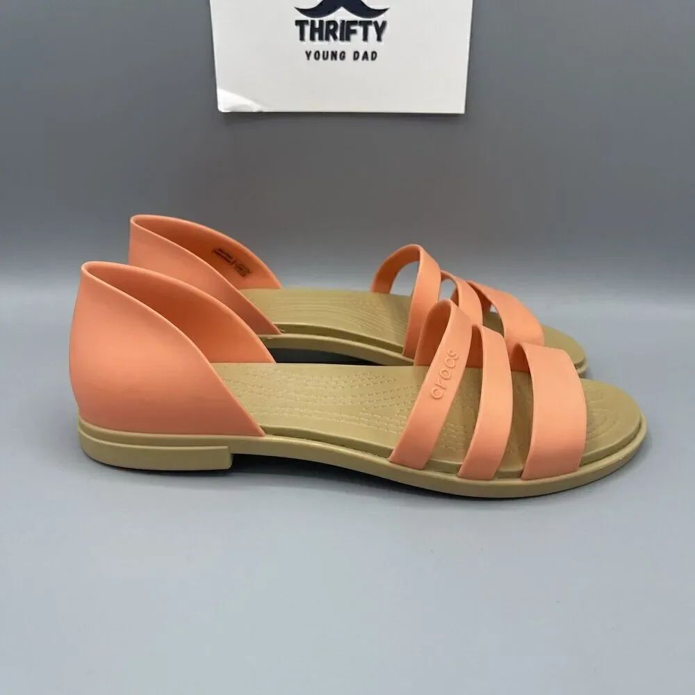 Crocs Tulum Open FlatSandals Size 7 Strappy Cream Orange Iconic Comfort Strappy